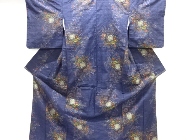 JAPANESE KIMONO / SILK / TSUMUGI / WOVEN FLORAL CREST & FLORAL PLANTS